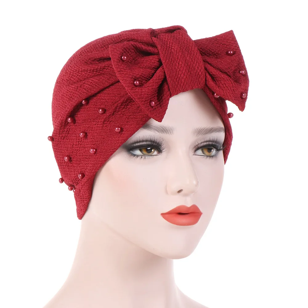 KepaHoo-Turban musulman avec nœud papillon pour femme, bonnets élastiques, chapeau indien, bonnet monochrome, enveloppement de sauna, mode