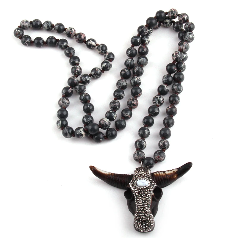 Fashion Natural Semi Precious Empire Stones with Bull Head charm Pendant Handmade Necklace Women Jewelry