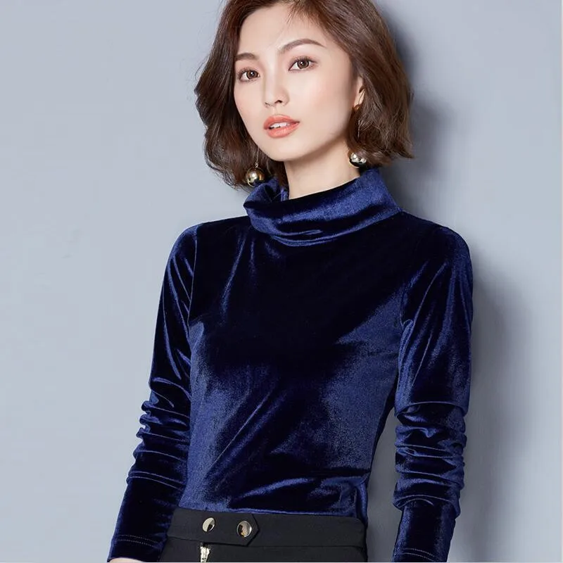 Autumn Winter Velvet T-Shirts Woman 2024 Casual Turtleneck Tops Solid Color Slimming Blouse Female Velour Shirts blusas mujer