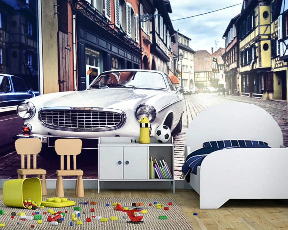 Retro car parked in old european city street retro 3d wallpaper papel de parede,living room TV wall bedroom restaurant bar mural