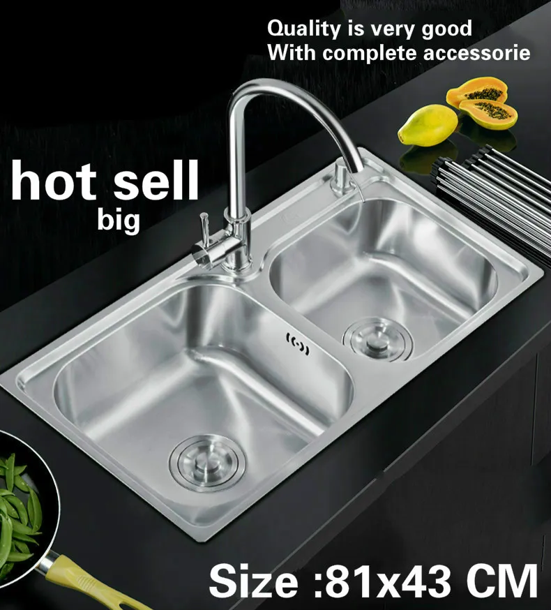 

Free shipping Household kitchen double groove sink ordinary wash the dishes 304 stainless steel hot sell fashion big 81x43 CM