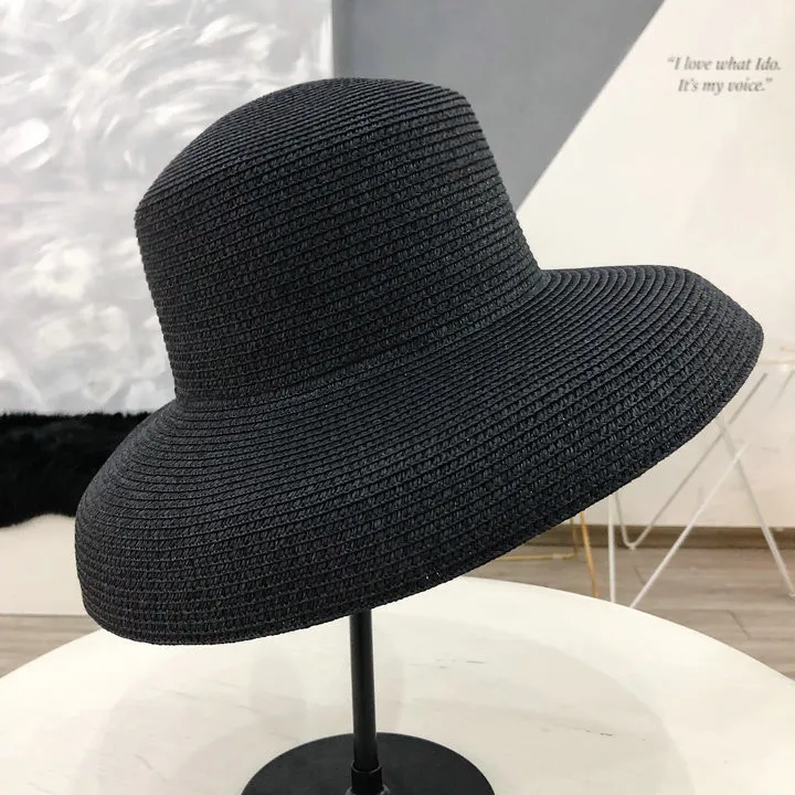 big brim hat vintage high pretend bility tourist beach atmosphere Audrey Hepburn straw hat sunken modelling tool bell-shaped
