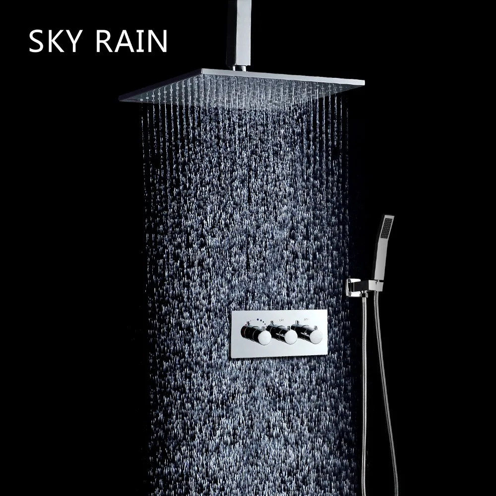 

SKY RAIN Brass Shower Set Rainfall Overhead Shower 10 Inches Rain Shower Head With 3 Way Valve Mixer Thermostatic