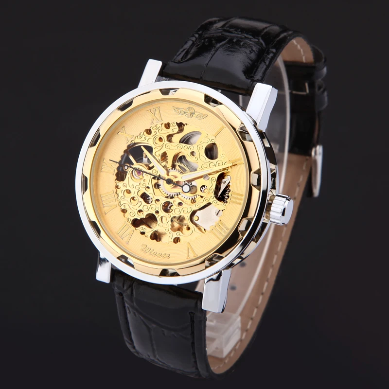 New Winner Hot mechanical Brand men hand wind Skeleton watches male Dress fashion clock style black gold blue color leather band