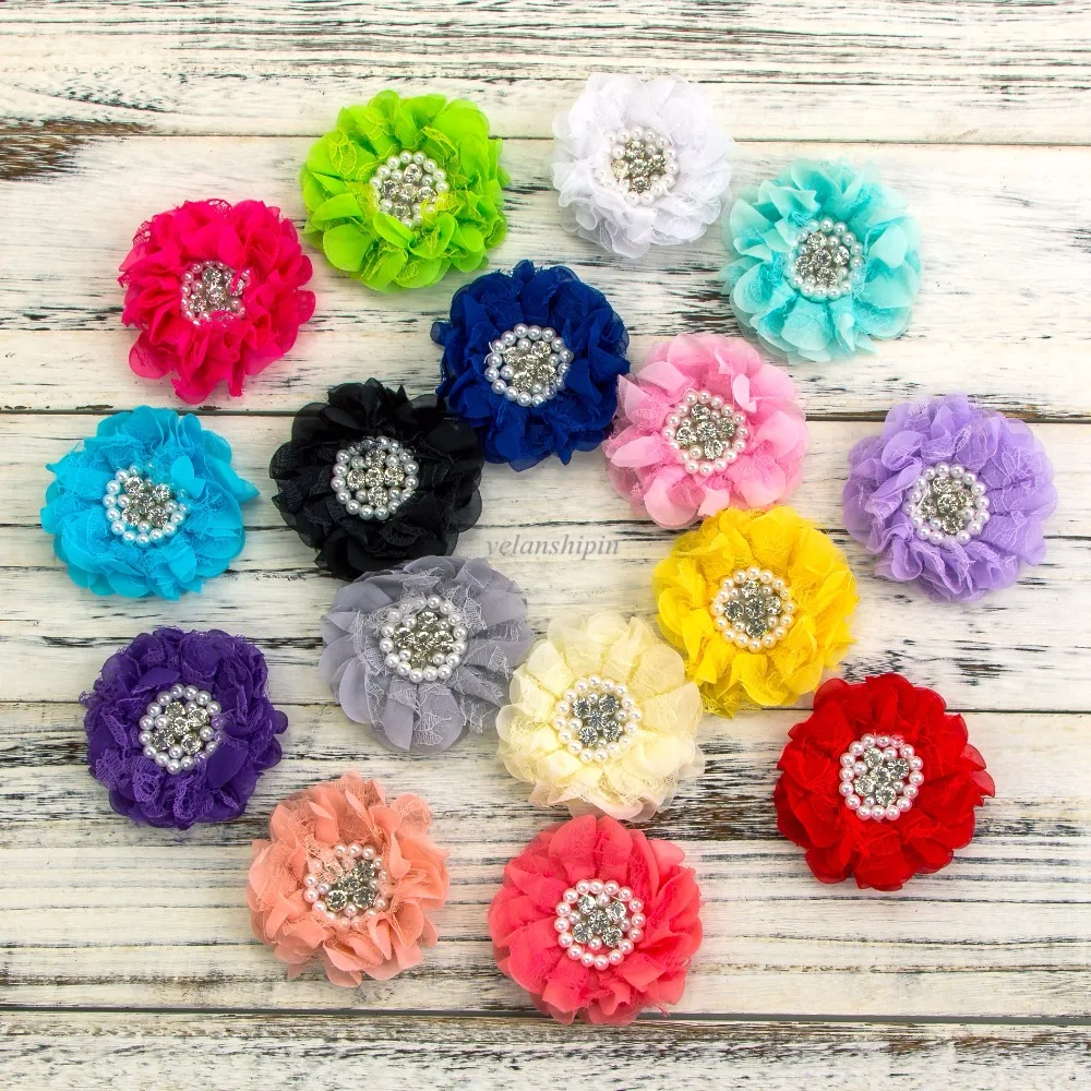 5pcs/lot 16colors 9cm  Hair clip Shabby Chiffon Petals Poppy Flower+Rhinestones Pearls for Girls Hair Accessories Headband DIY