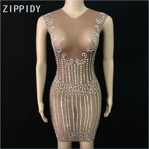 

Bling Rhinestones Sleeveless Mesh Dress See Through Silver Stones Dress Nightclub Singer Show Wear Women's Birthday Party Dress