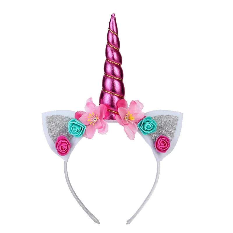 Party Unicorn Hairband Tiara DIY Flower Horn Ears Hair Accessories Bands Xmas Birthday Glitter Headband For Kids Hair Hoop 1PC