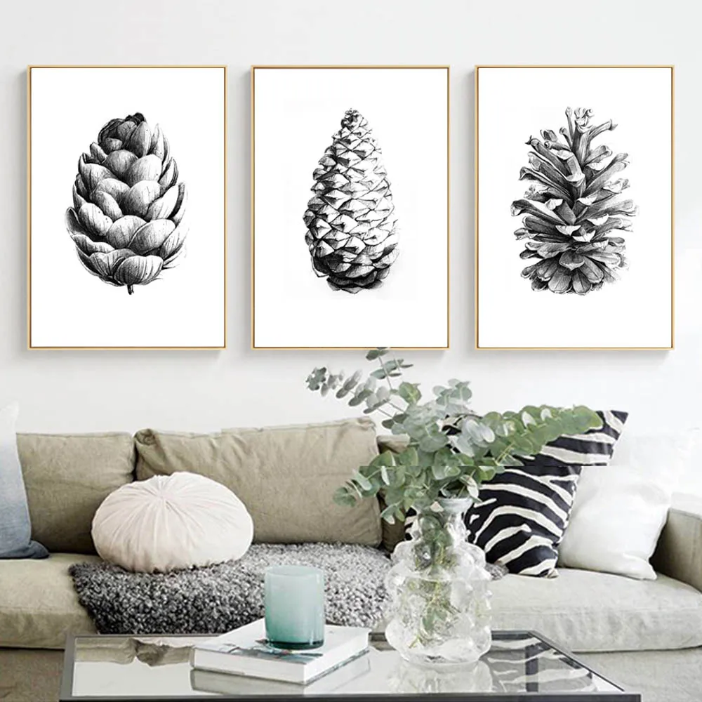 Black and White Sketch Hand Draw Pine Cone Canvas Painting Art Posters Prints Nordic Wall Pictures for Living Room Home Decor image 3