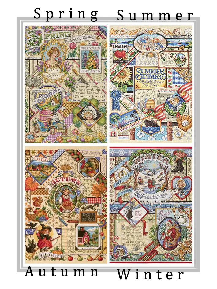 Kits De Broderie Crewel Vintage – 4 Saisons Bernat – Printemps, été, Automne, Hiver
