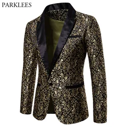 Gold Jacquard Bronzing Floral Blazer Men 2022 Brand New Mens Patchwork One Button Blazer Jacket Party Stage Singer Costume Homme