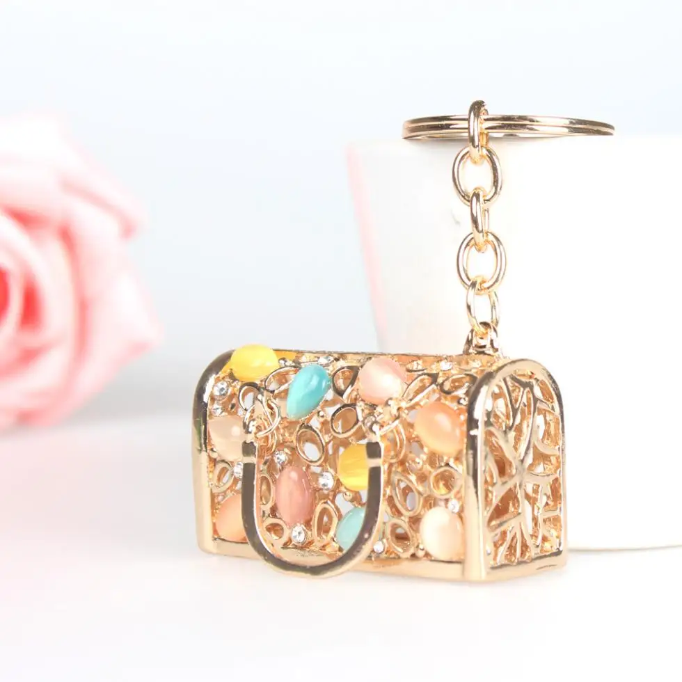 Stylish Box Bag Cute Crystal Charm Purse Handbag Car Key Keyring Keychain