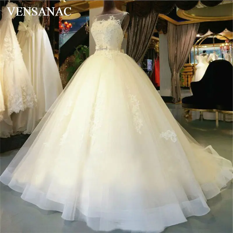 VENSANAC 2018 New Beadings O Neck Wedding Dresses Sleeveless Satin Crystals Sash Lace Appliques Court Train Bridal Ball Gowns