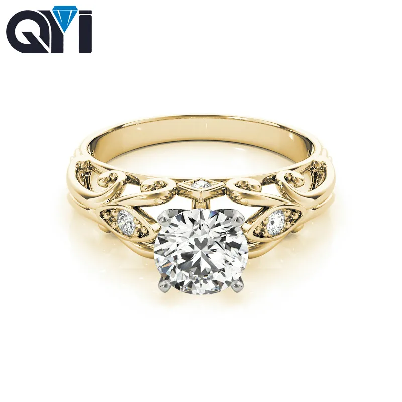 

QYI 14k Yellow Gold Moissanite Engagement Ring Vintage Style 1 Carat Round Cut Trendy Jewelry Brand Wedding Rings For Women