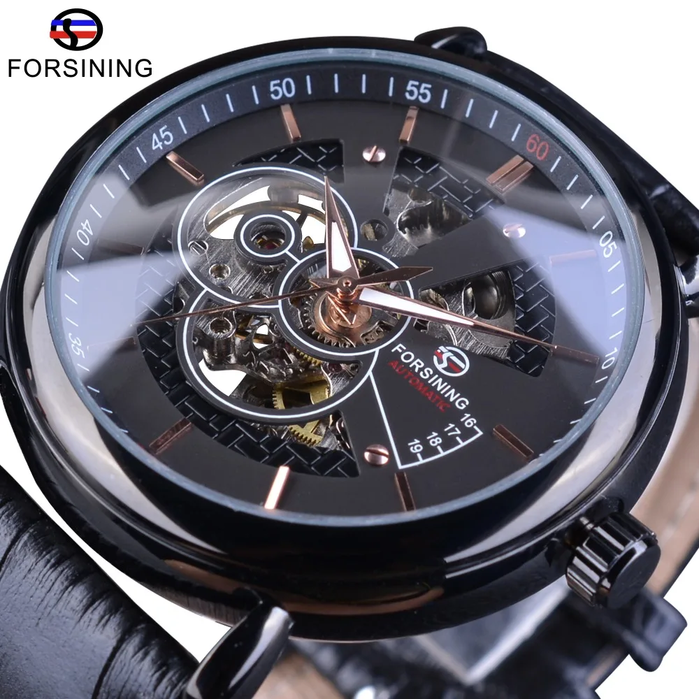 Forsining Transparent Case Avigator Series Genuine Leather Strap Fashion Skeleton Design Men Automatic Watches Top Brand Luxury