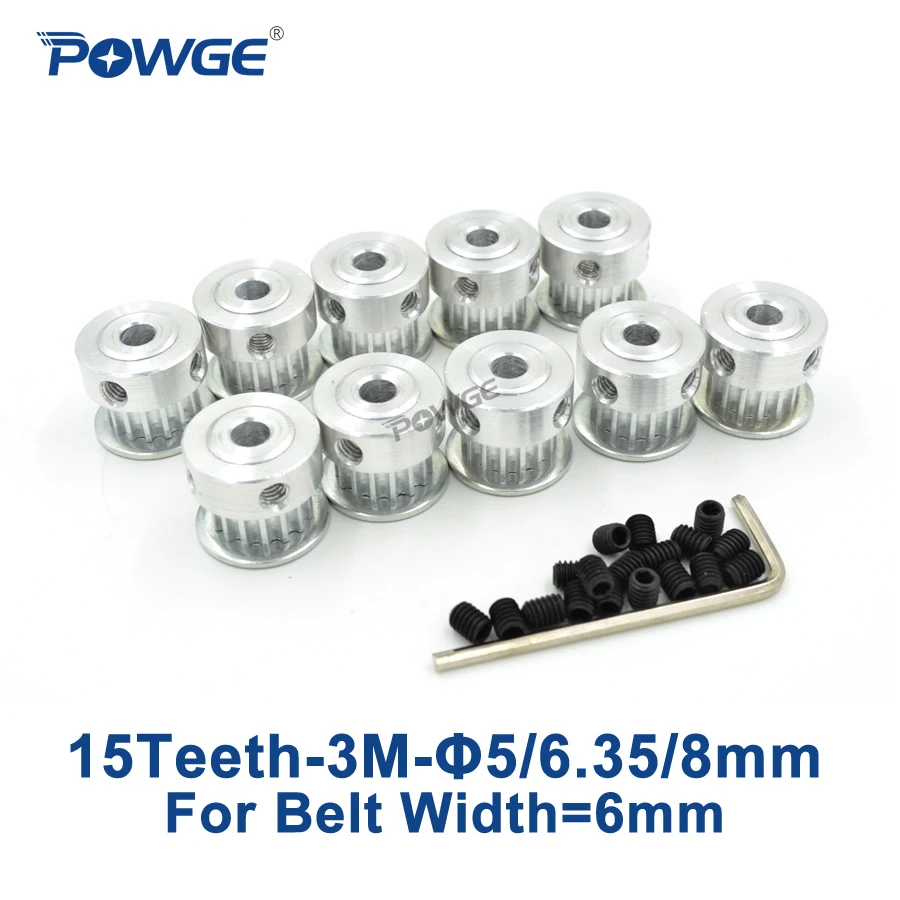 POWGE 10pcs 15 Teeth HTD 3M Timing Pulley Bore 5mm 6.35mm 8mm for Width 6mm 3M synchronous belt HTD3M Belt pulley 15Teeth 15T