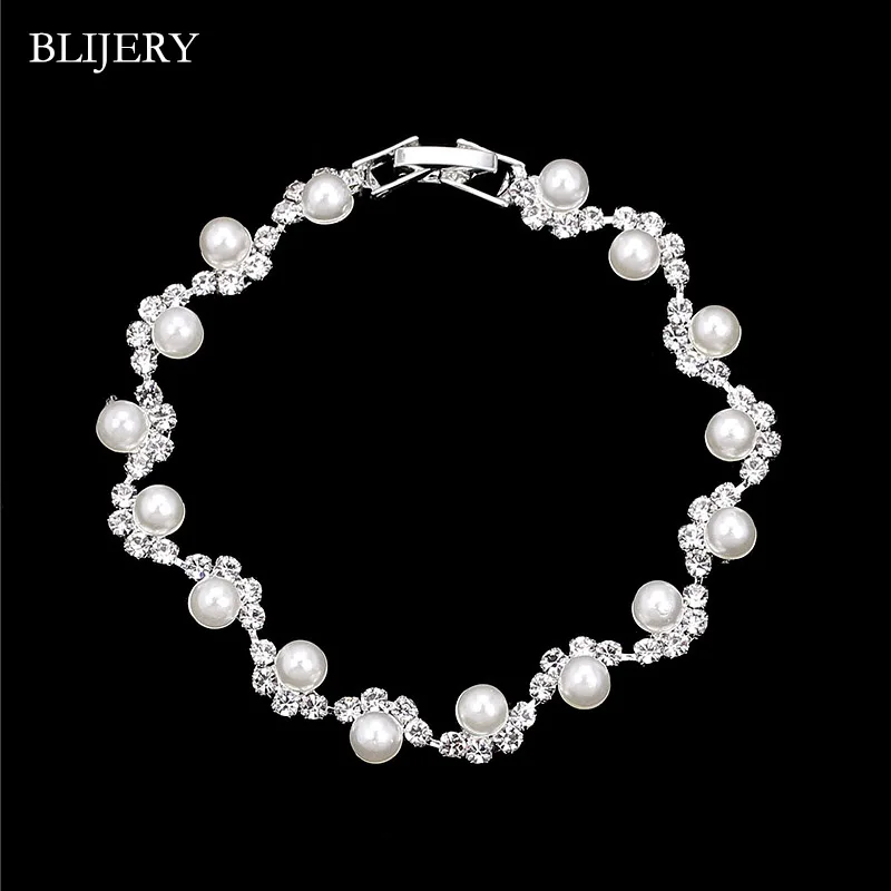 BLIJERY Silver Color Simulated Pearl Crystal Bridal Bracelets Geometric Shape Bracelets & Bangles For Women Wedding Jewelry Gift