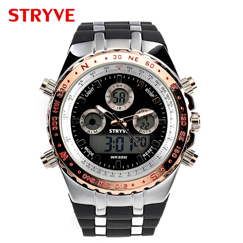 

Montre Homme Stryve S8002 Sports Watches Army Military Heavy Dial Alarm Led Analog Clock Luxury Stryve Men Digital analog Watch