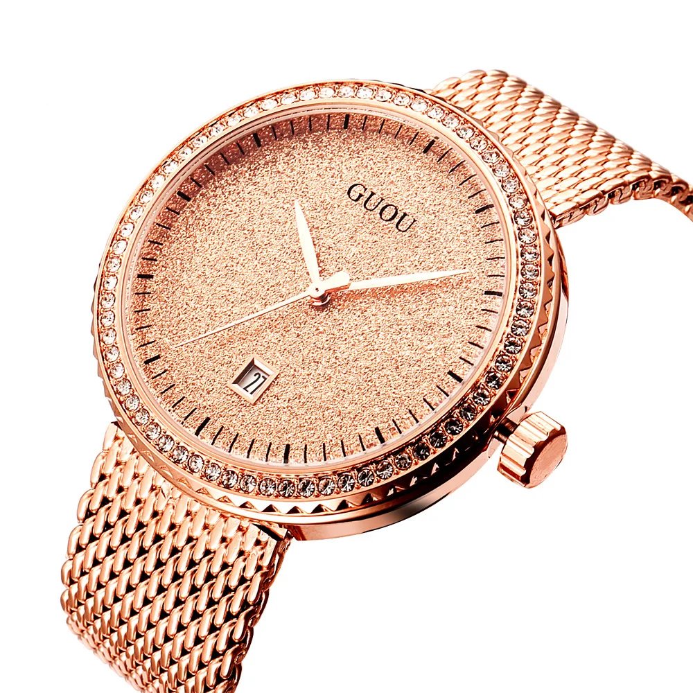 Guou Fashion Simple Mesh Retro Exquisite Rhinestone Classic Women's Quartz Watch Large Dial Stainless Steel Strap Hot Sales Gift