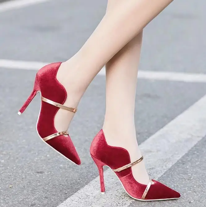 Summer New Brand Women Metallic Leather-trimmed Velvet Stiletto Heels Party Pumps Shoes Slip On Mules Black Red Big Size 35-42