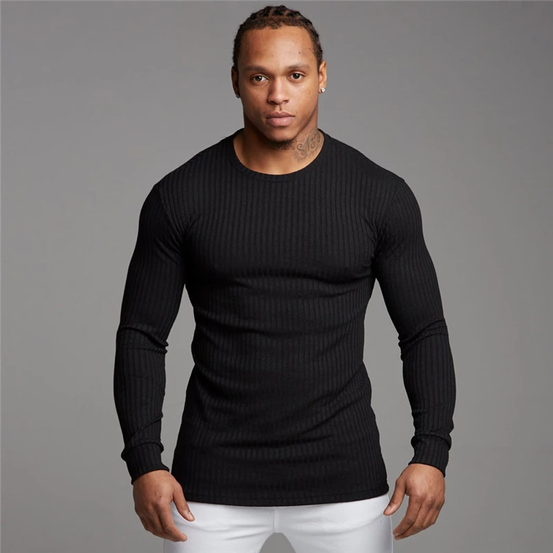 Muscleguys Autumn Men's Sweater T-shirt Mens Long Sleeve Solid Casual Stretch Slim Fit Fitness Clothing Brand Knitted Pullovers