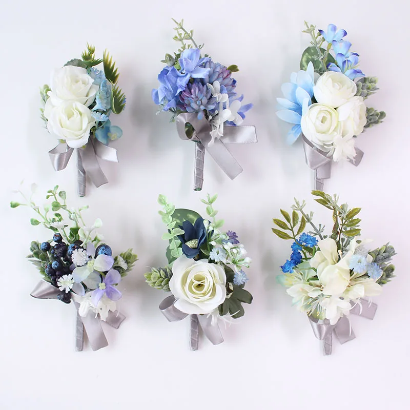 Boutonnieres do casamento branco e buquê do pulso, seda rosa, flores da mão para Bridesma, acessório nupcial azul do ramalhete, romântico