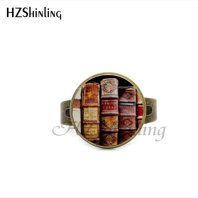 2017 New Style Book Lover Gifts Vintage Library and Book Ring Librarian Books Jewelry Round Glass Photo Adjustable Rings