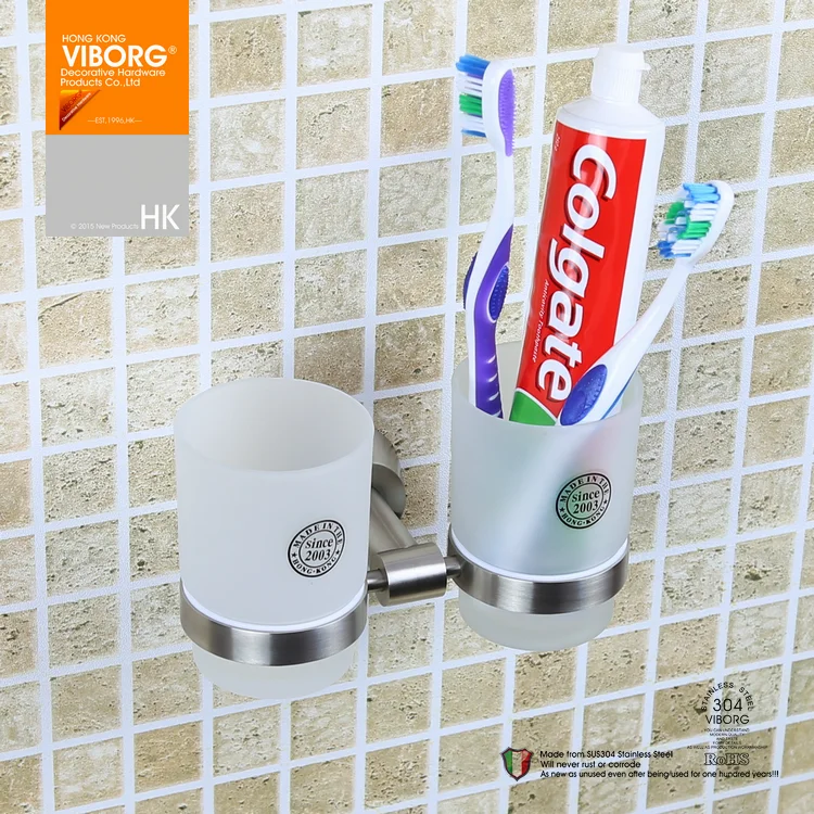 VIBORG Deluxe 304 Stainless Steel Wall Mounted Double Toothbrush Cup Tumbler Holder with 2 Tempered Glass Toothbrush Cups