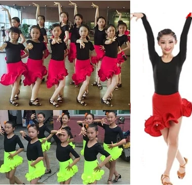 Girls Latin Dance Skirt Practice Kids Child Red Standard Ballroom/Tango/Rumba/Samba/ Salsa Latin Ruffle Skirt