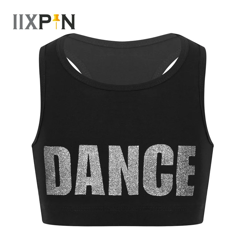 Kids Girls Ballet Dance Crop Top Sports Bra Racer Back Shiny Letters Printed Tank Tops Dancewear For Performance Workout