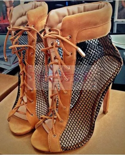 

Black/brown patchwork mesh laces high heel sandals peep toe lace up summer ankle boots stiletto heels summer booties