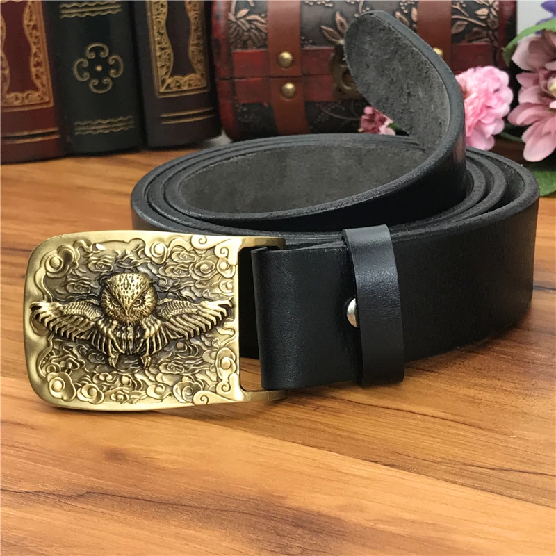 Brass Owl Belt Buckle Yellow Belts For Men Ceinture Homme Men Leather Belt Cowboy Jeans Male Leather Belt Strap Wide MBT0106