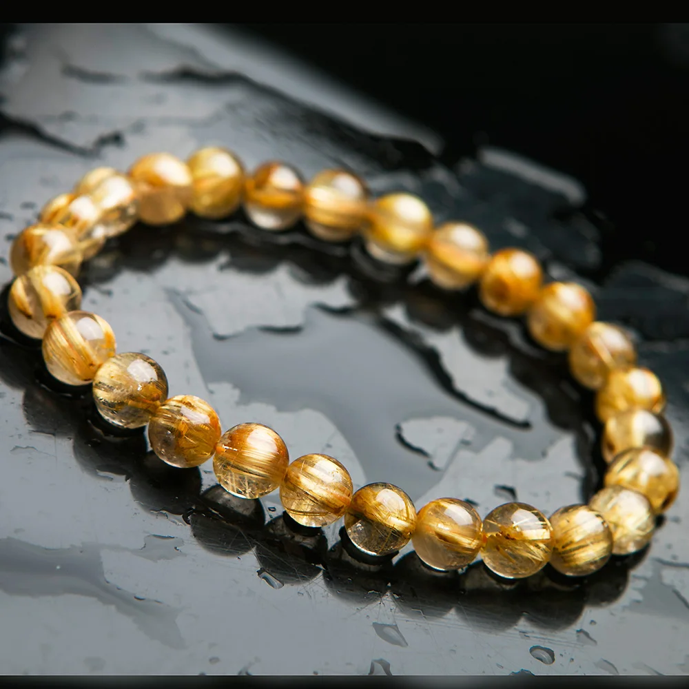 Natural Gold Rutilated Quartz Crystal Wealthy Bracelet Women Men Clear Round Beads 7mm 8mm 9mm From Brazil Jewelry AAAAA