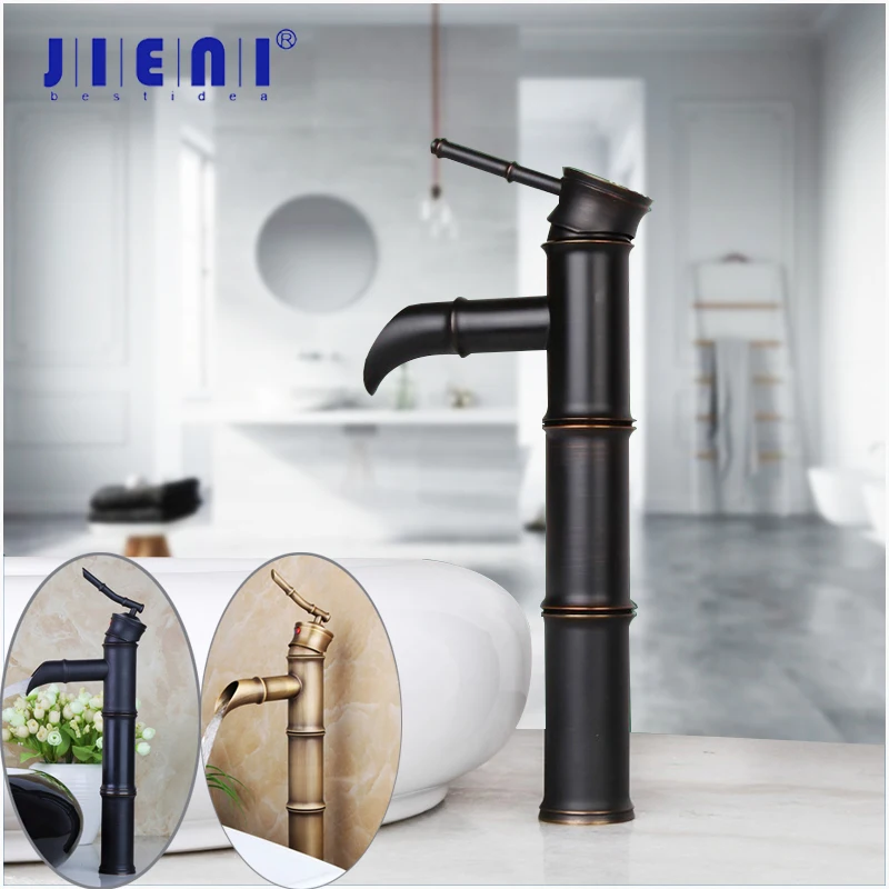 JIENI Black Bathroom Basin Faucet Waterfall ORB Deck Mounted Bamboo Style Deck Mounted Black Bathroom Sink Faucets Mixer Tap