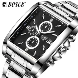 BOSCK men Square Dial Watch Mens Steel Strap Sports Quartz Watch Male Luminous Waterproof Wristwatch Relogio Masculino