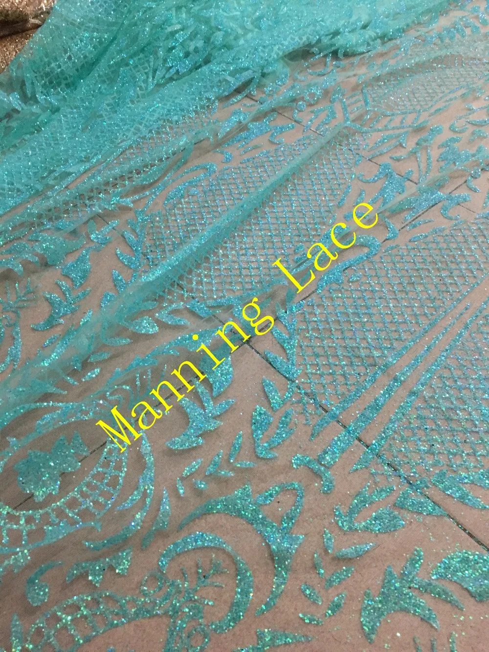 

Mint green french net lace Manning-43050 with glued glitter for fashion dress Hot sale african glitter lace fabric