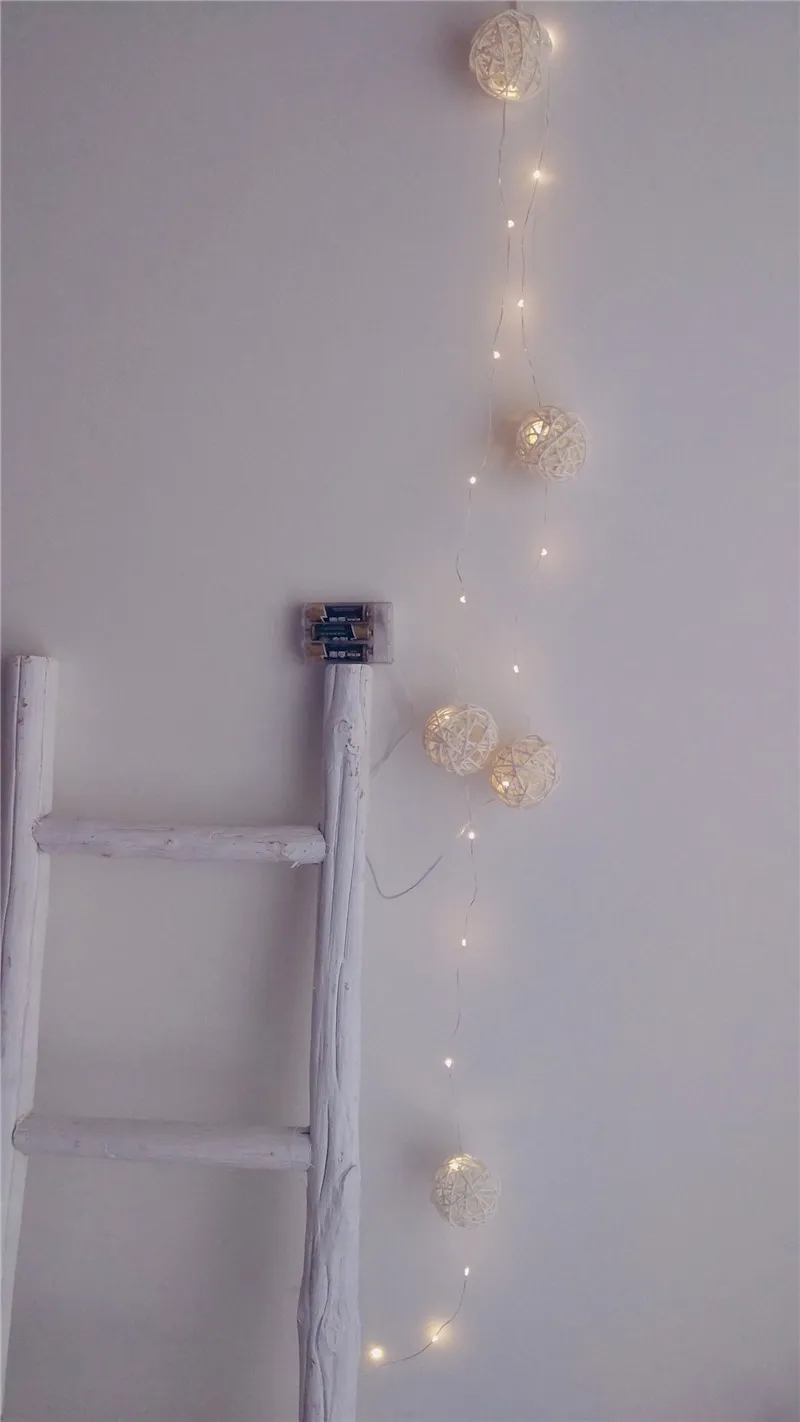 Copper Silver Wire String Lights with Battery Control, Handmade Rattan Ball, Xmas Decoration, Wedding Party, 6cm