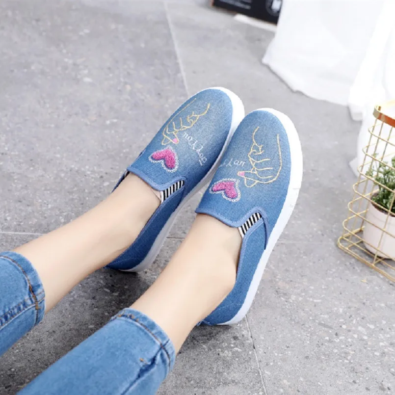 Zapatos De Mujer Women Cute Light Weight Demin Flat Platform Shoes Lady Fashion Sweet Slip on Shoes Teenager Casual Shoes E5286