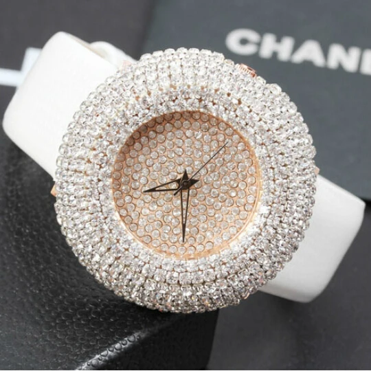 2024 Summer Women Full Rhinestone Watches Austria Crystal Diamond Stone Watch Big Dial Dress Watches Genuine Leather Wristwatch