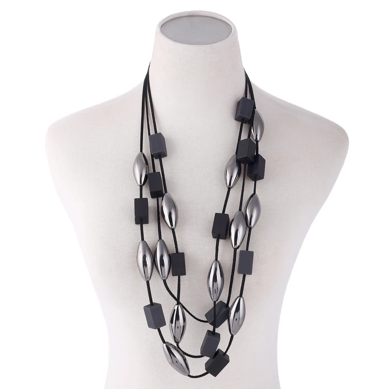 Fashion Black Wood Necklace Long Multilayer Statement Chain Big Beads Pendants Necklaces Women Jewelry Accessories 2 Colors