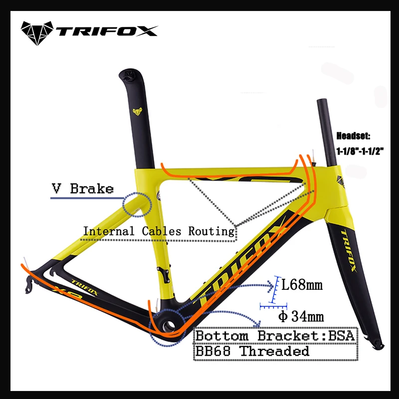 Carbon Road Bike Frame Cycling Bicycle Frameset TRIFOX X8QR Frame+Fork+Seatpost（Max Wheels & Tire 700 x 25C V Brake BSA - BB68）