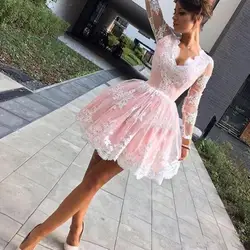 Pink Homecoming Dresses A-line V-neck Long Sleeves Short Mini Appliques Lace Elegant Cocktail Dresses Customized