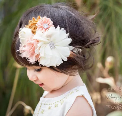 POSH DREAM Flowers Baby Girl Headband Pink Ivory Shabby Flower Rhinestone Baby Girls Hair Accessories with Lace Flower Headband