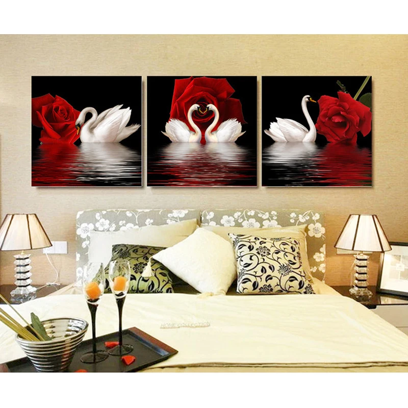 Full,Rhinestones Mosaic,Triptych, Flowers,Red Rose and Swan ,Home Decoration Diamond Painting