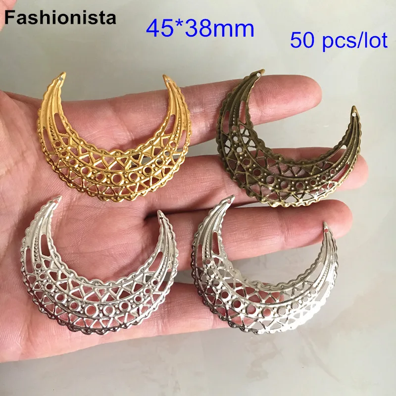 50 pcs Moon Shape Filigree Connectors For Jewel Making,Gold-color,Silver-color,Steel,Bronze,Filigree Metal Stampings,45*38mm