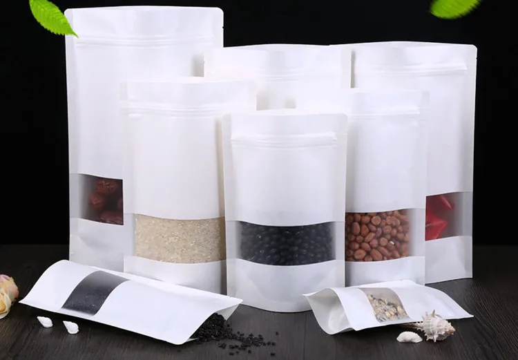 100pcs Stand Up White Paper Frosted Window Zip Lock Bag Resealable Snack Nuts Coffee Powder Biscuits Beaf Spice Storage Pouches