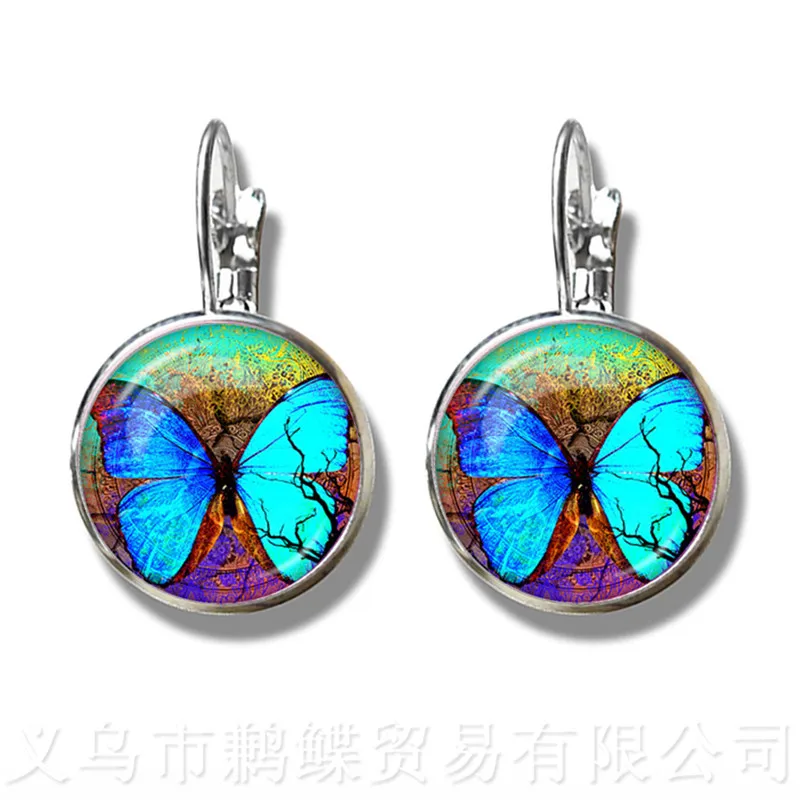 New Beautiful Purple Butterfly Earrings Art Picture 16mm Glass Cabochon Dome Silver Plated Stud Earrings For Women Creative