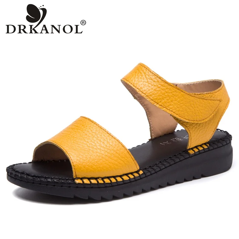 DRKANOL 2024 New Arrival Open Toe Women Sandals Summer Handmade Retro Soft Genuine Leather Women Flat Sandals Hook Loop Shoes