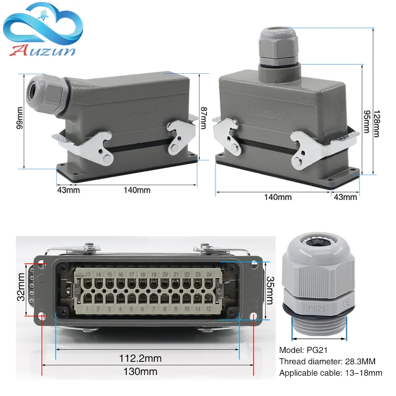 Rectangular H24B - HE - 024-1 heavy duty connectors 24 pin line 16 a500v screw feet of aviation plug on the side