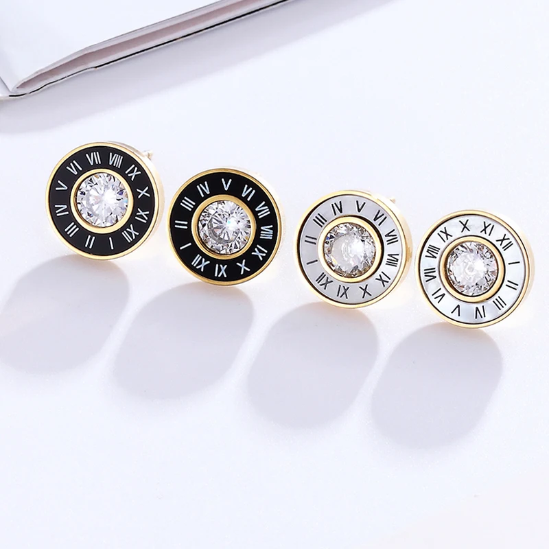 New Arrival Beautiful Periferia Black Enamel And White Shells Roman Numerals Middle Shiny Crystal Stud Earring For Women And Men