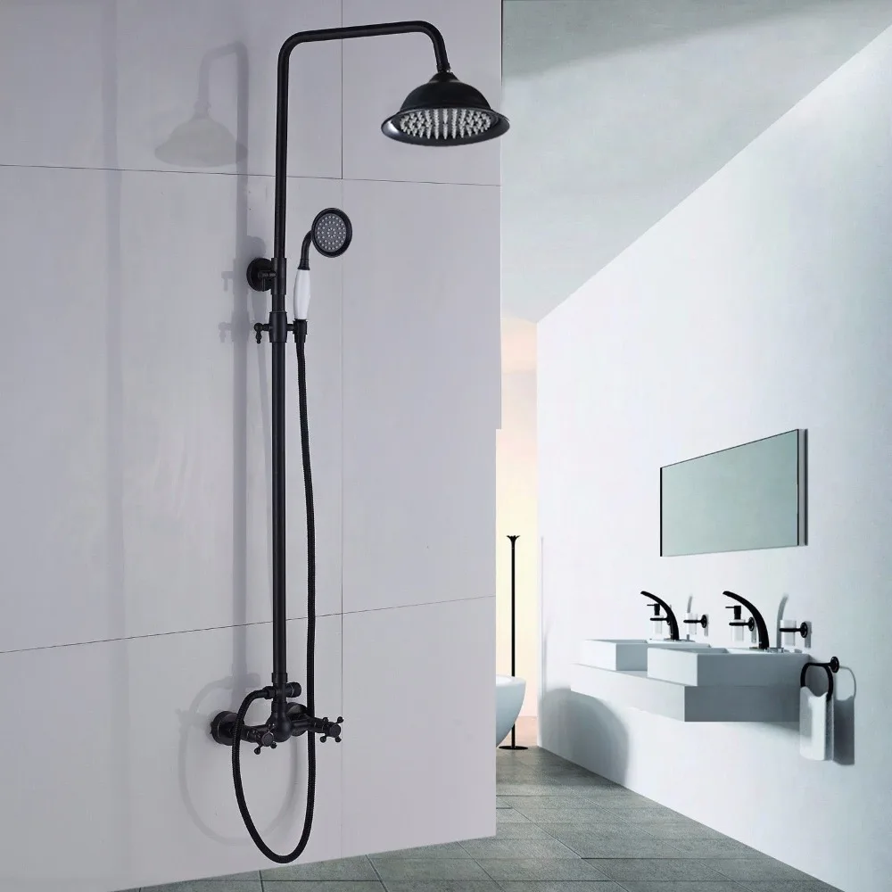 Bathroom Rainfall Shower Faucet Set Double Handles Mixer Tap With Hand Sprayer Wall Mounted Oil Rubbed Bronze KD214